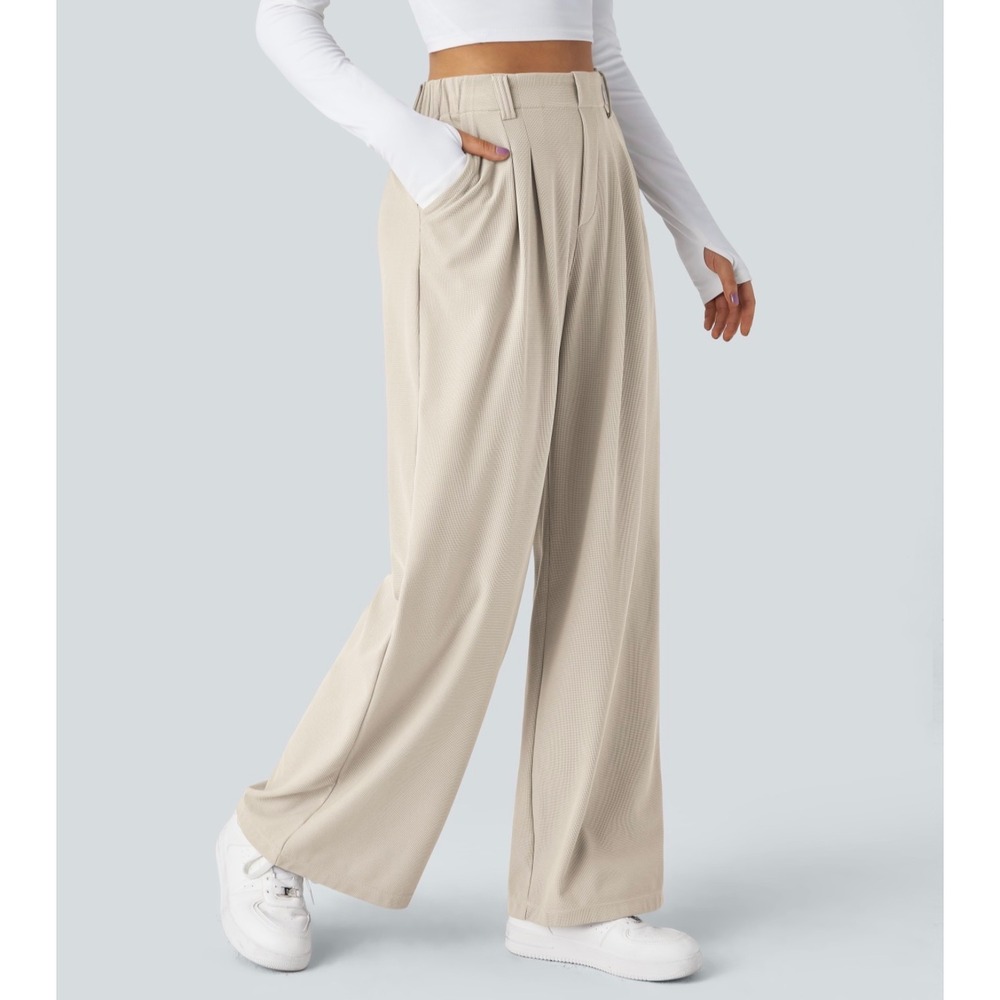Halara Flex High Waisted Pocket Wide Leg Waffle Work Pants Beige Tan Large